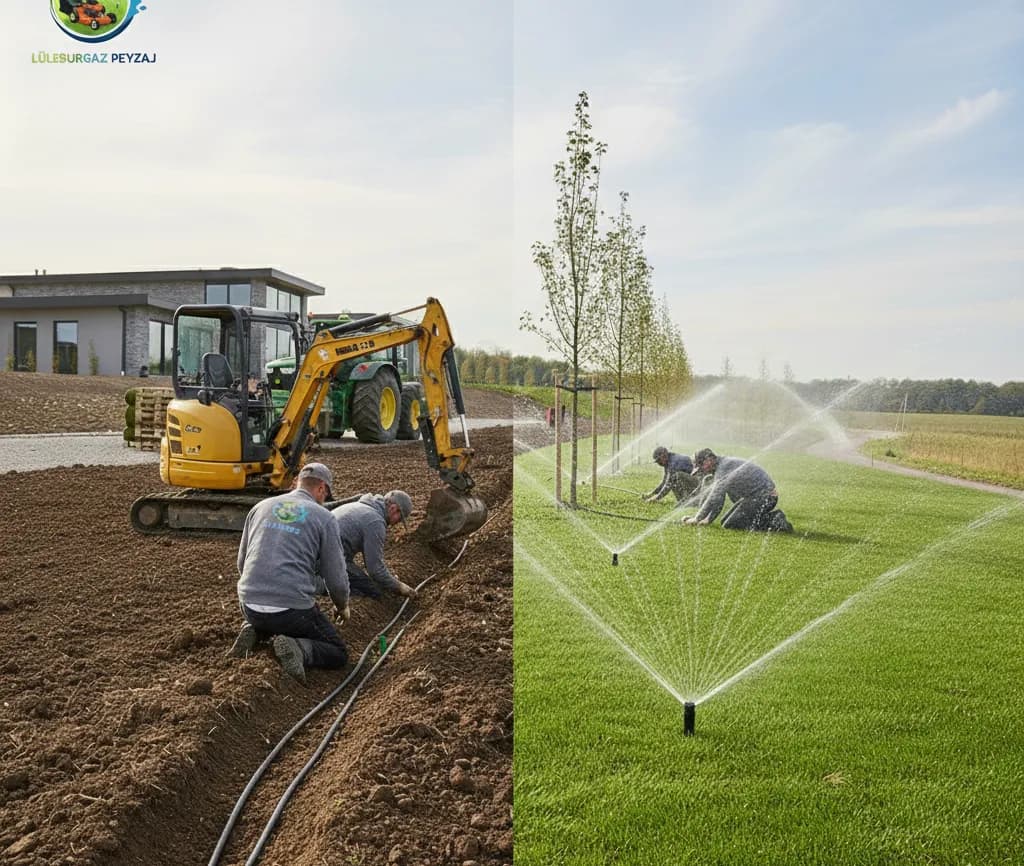 Kazı çalışması ve kurulmuş fıskiye sistemi